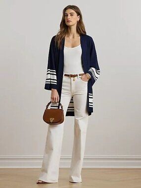 $225 Lauren Ralph Lauren Two-Tone Cardigan Navy Size L